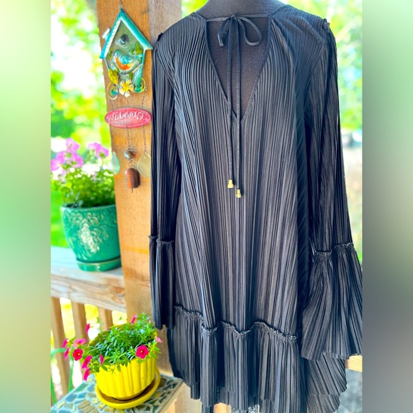 Free People Dresses & Skirts - Free People Black Accordion Pleated Tiered Hem Flare Sleeved Pullover Dress XL